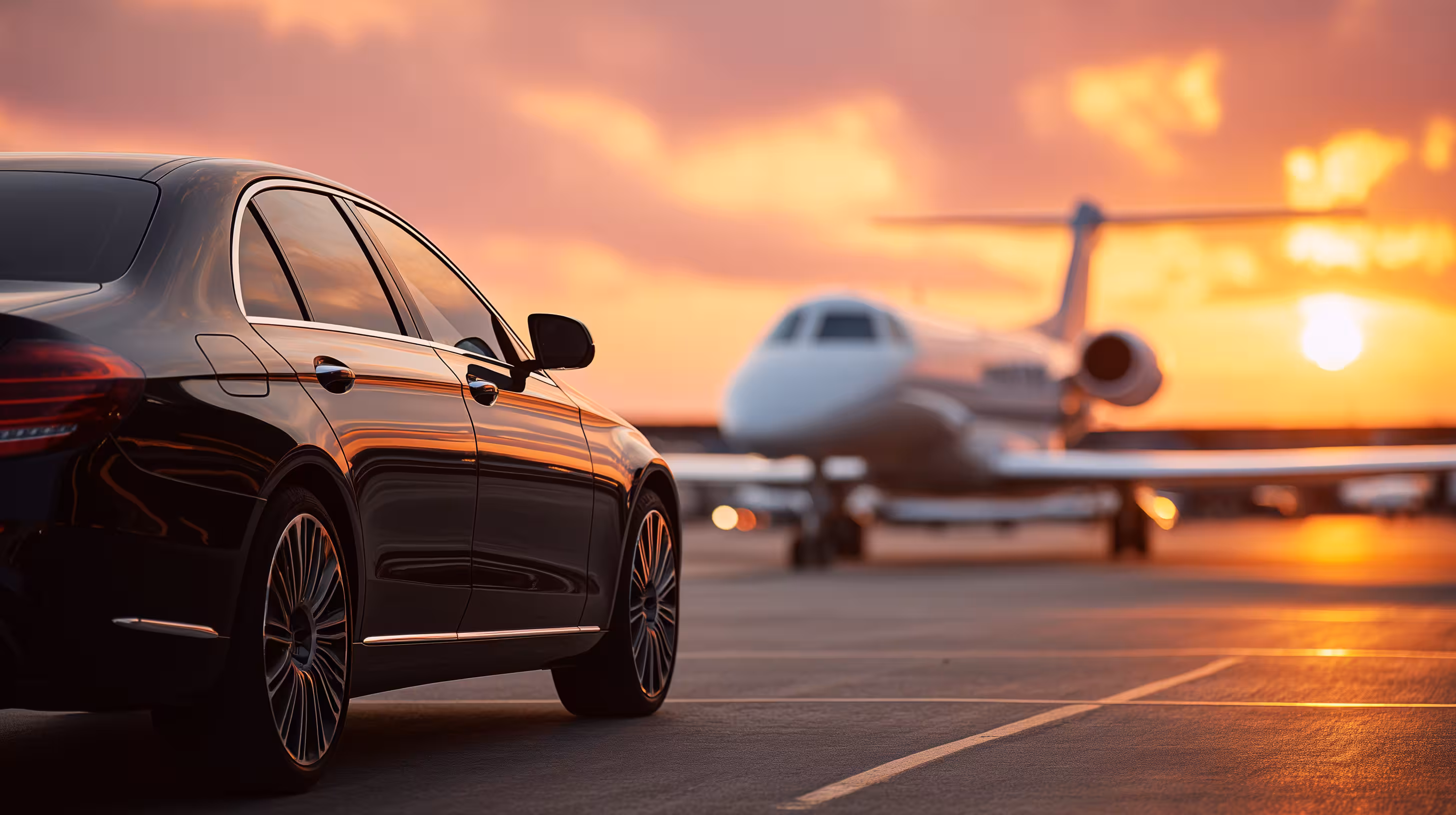 Luxury chauffeured car parked next to a private jet on the tarmac at sunset