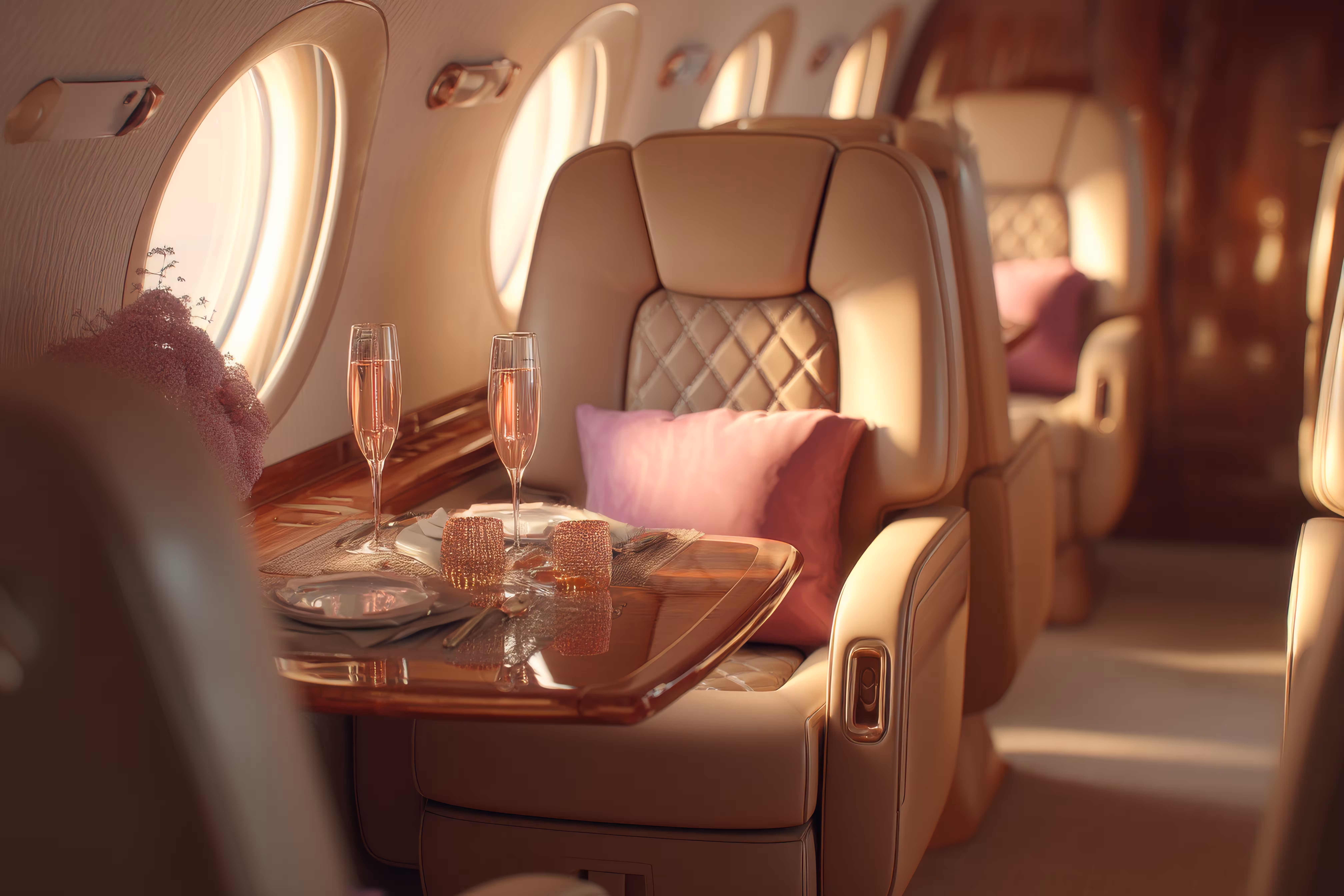 Luxury private jet cabin interior with plush leather seating and champagne service
