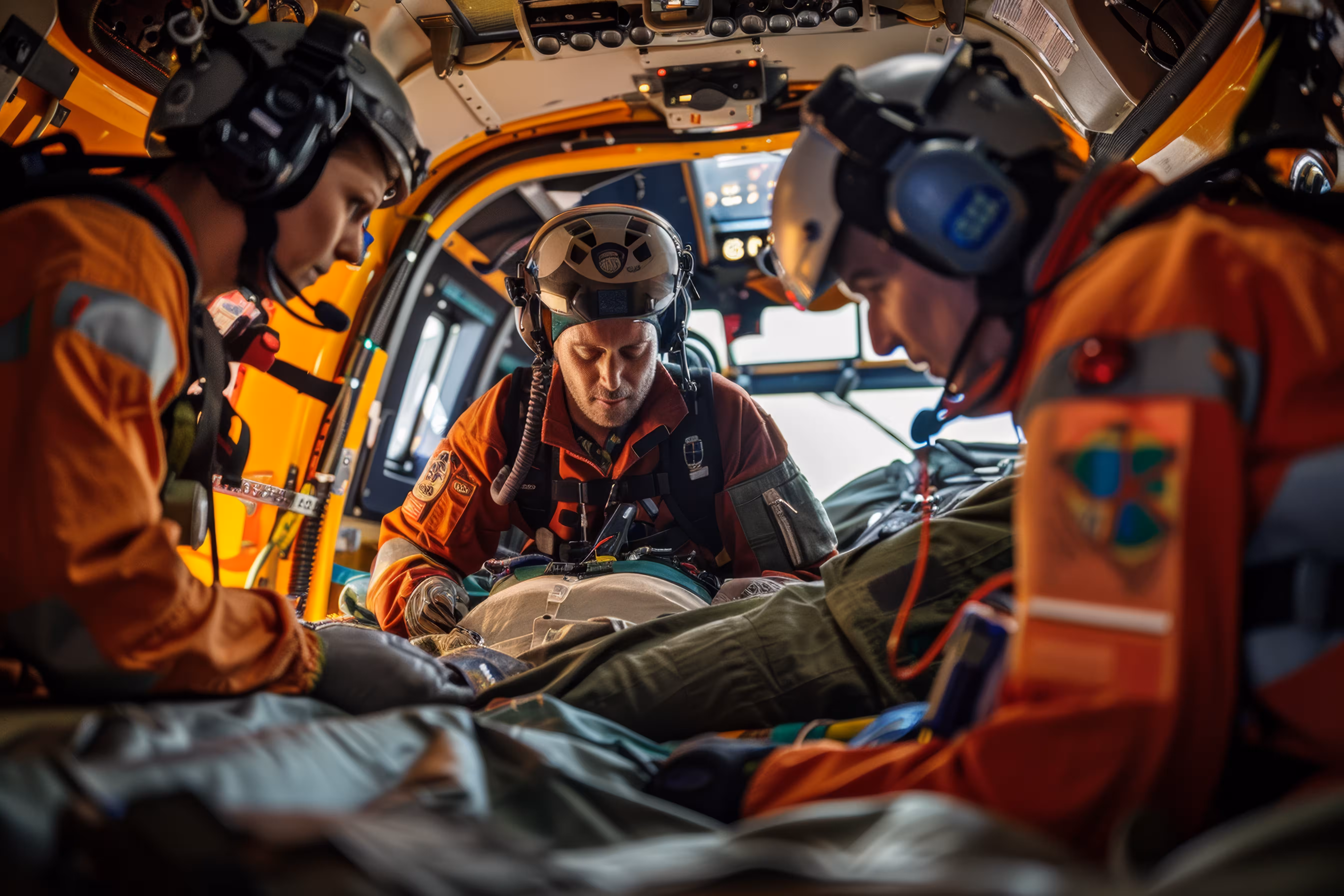 Medical evacuation and emergency air ambulance team assisting patient inside aircraft